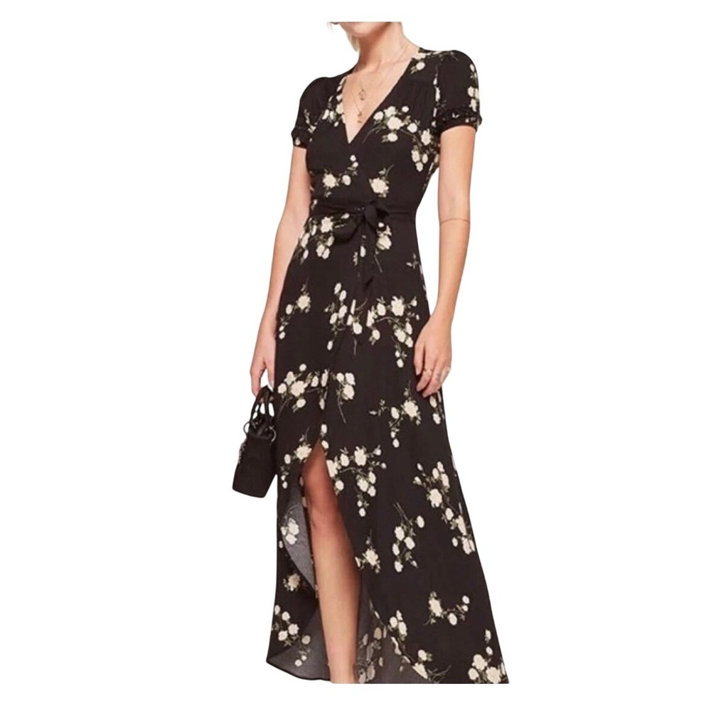 Reformation Maria Dress Contessa Black Floral Wrap Maxi Short Sleeve Lace Trim S
